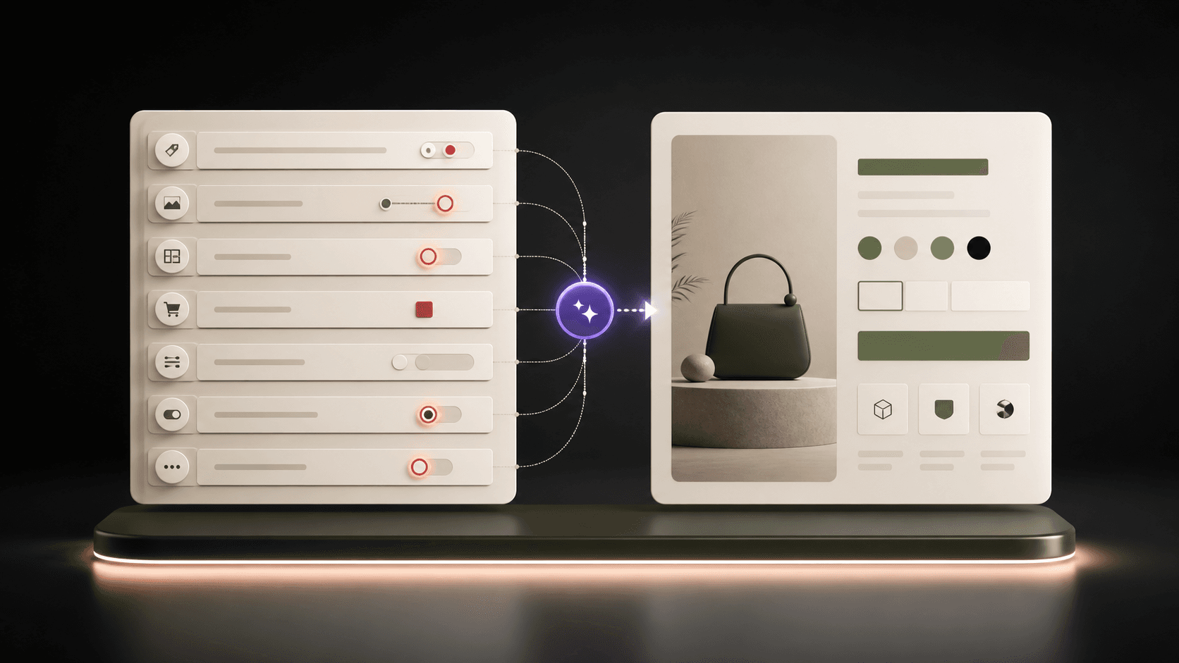 A storefront settings panel connected to a product page
