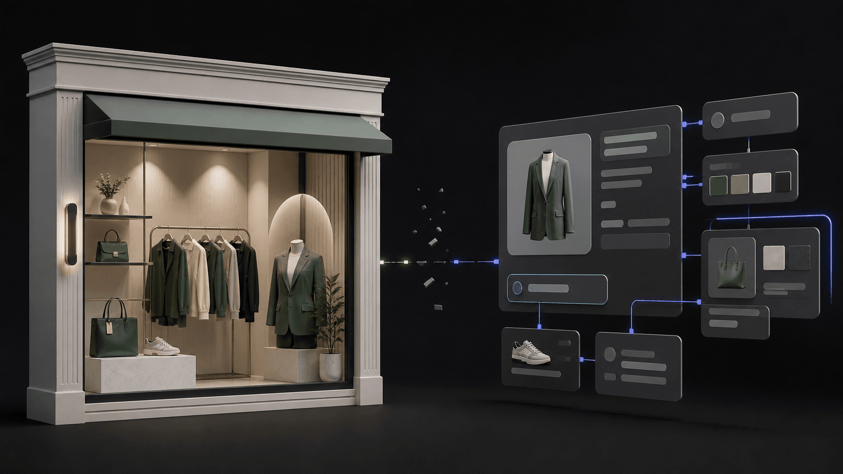 A storefront connected to structured product catalog records