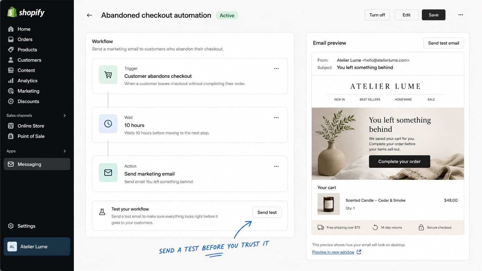 Shopify abandoned checkout automation workflow and recovery email preview