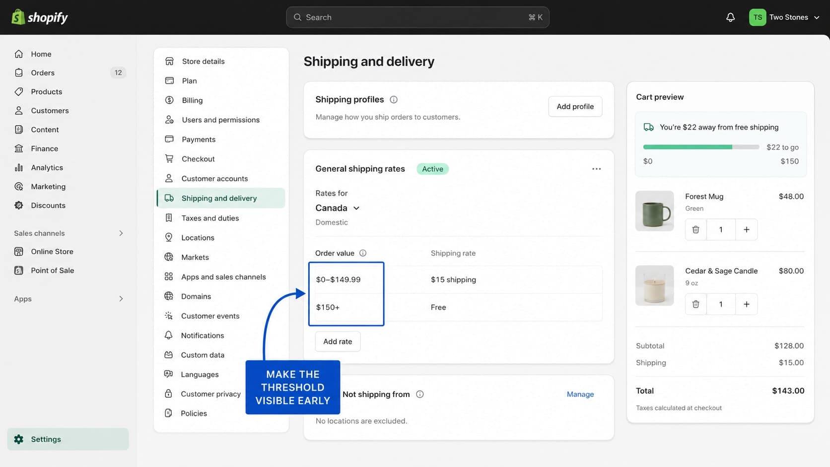 Shopify shipping and delivery settings with a visible free-shipping threshold