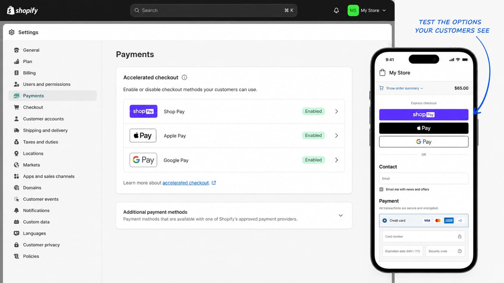 Shopify payment settings and mobile checkout showing accelerated payment methods