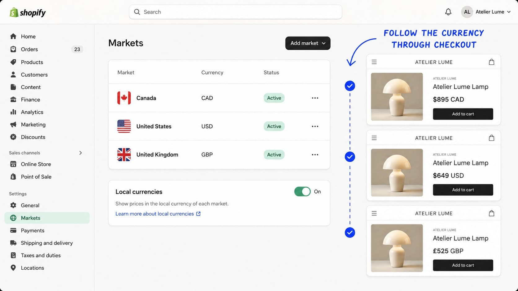 Shopify Markets settings with Canadian, US, and UK storefront currency previews