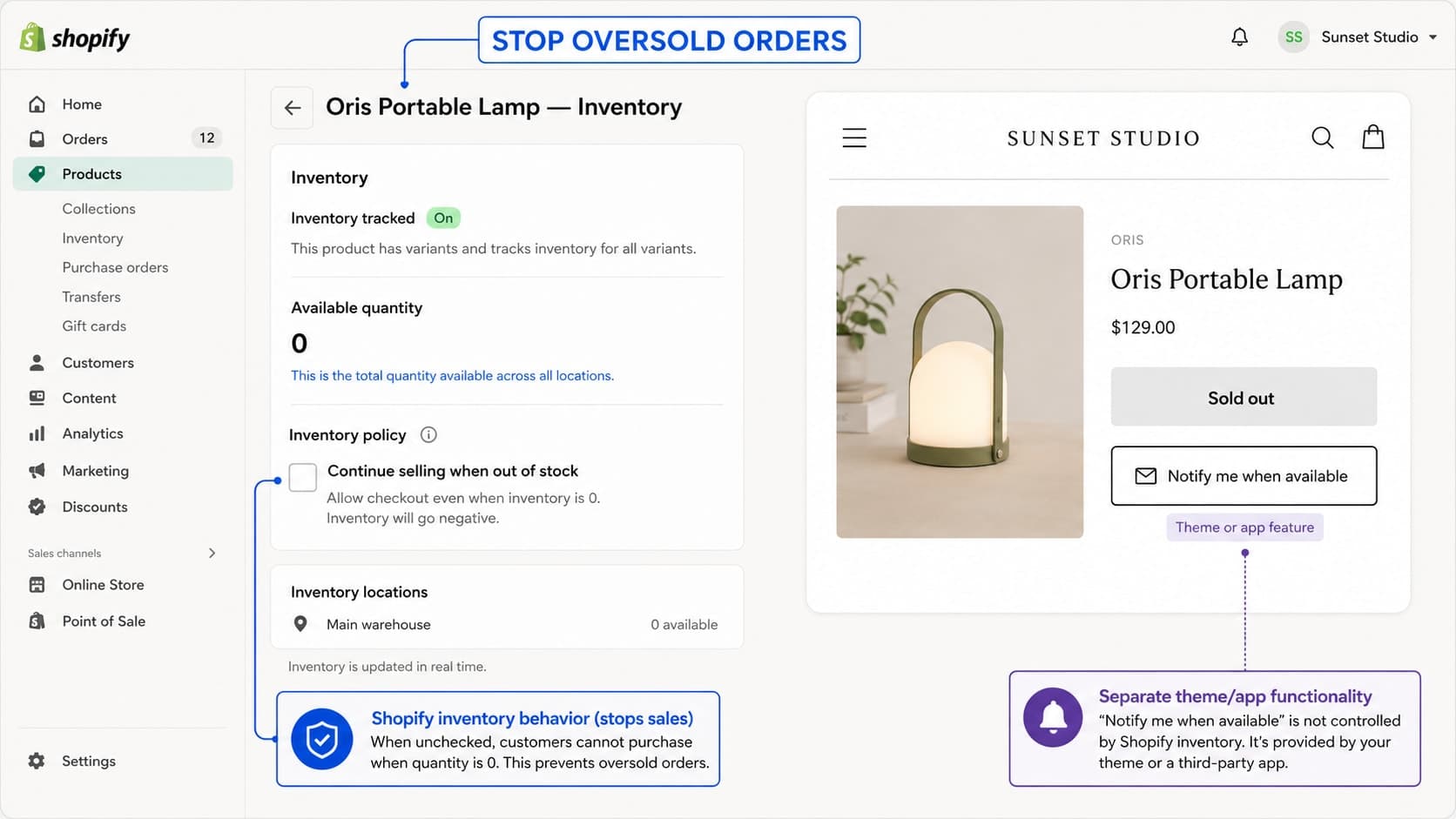 Shopify inventory policy beside a sold-out product and notify-me action